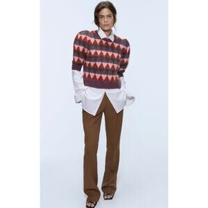 Zara Puff Shoulder Mohair Sweater Small Purple Patterned Holiday Pullover